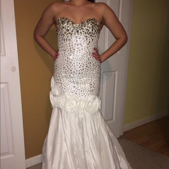 White mermaid style prom dress with silver sequins
