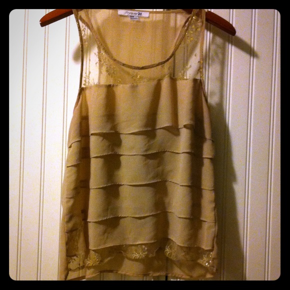 Gold ruffle and lace sleeveless blouse