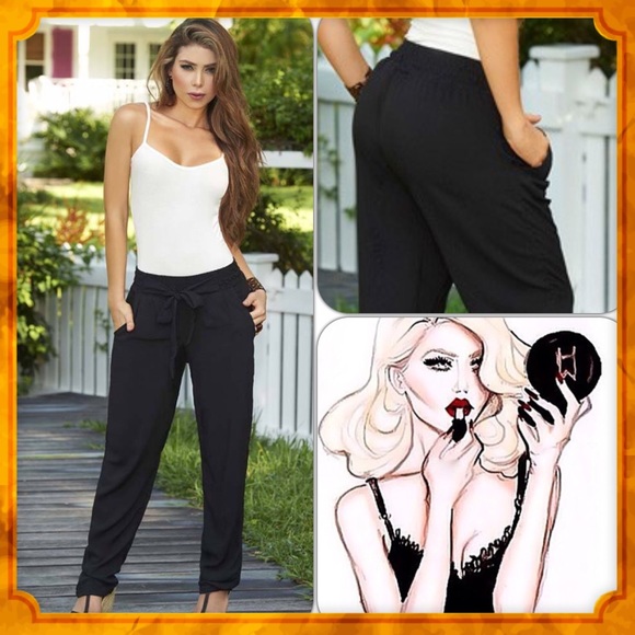 Black tie waist band casual  pants