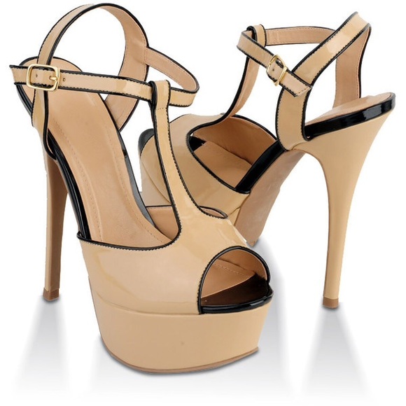Patent Nude T Strap Heels