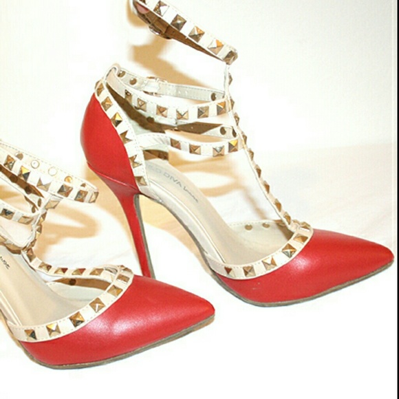 Red and Beigr Nude Studded pointed ankle strap