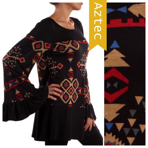 LIGHTWEIGHT AZTEC PRINT BELL SLEEVE TUNIC - Picture 3 of 3