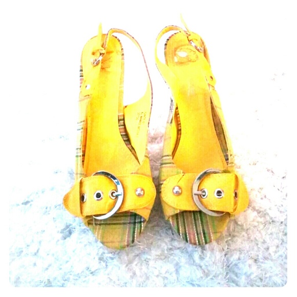 Yellow plaid cork platform peep strappy heel. - Picture 1 of 4