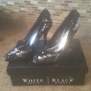 Silver and black sequin pumps