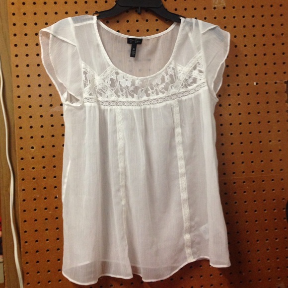 Sheer white flutter sleeve lace accent top