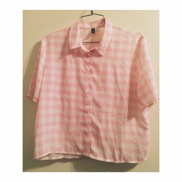 PINK&WHITE CHECK BUTTON UP TOP✔️