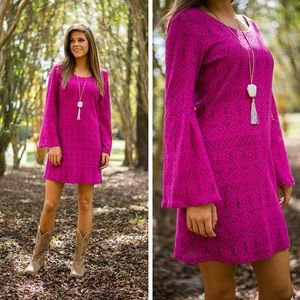 Fuchsia Boho Bell Sleeve Lace Dress