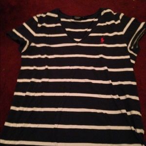 Blue and white striped polo