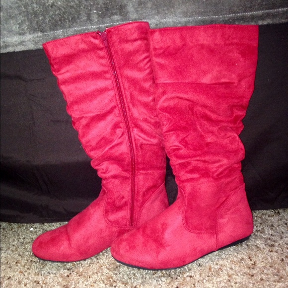 Red suede slouchy side zip boots