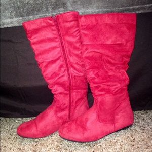Red suede slouchy side zip boots