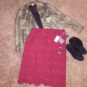 Red lace scalloped bottom pencil skirt!