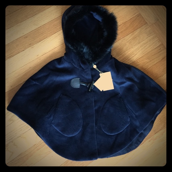 Girl's Navy Faux Fur Hooded Poncho - Dino Bebe - Picture 1 of 3