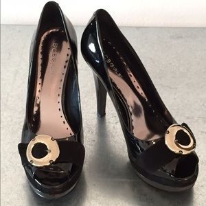 BCBGirls Black Patent Leather Peep Toe Pumps