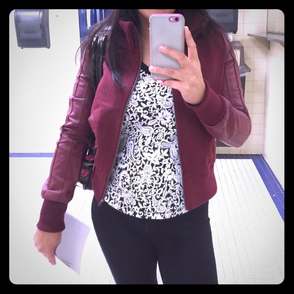NWOT Maroon Leather Sleeved Jacket