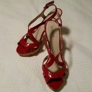 Red Guess strappy heels with cork base