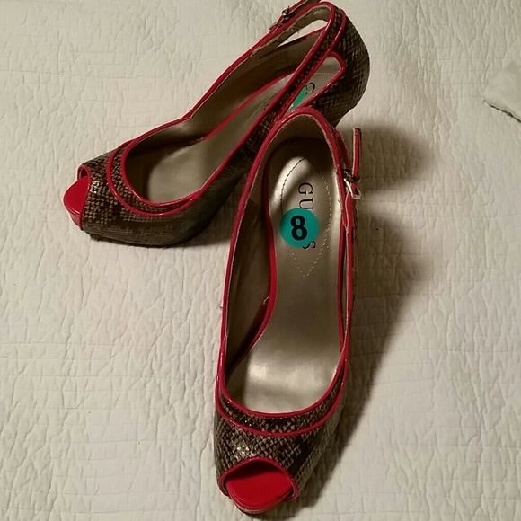 Guess Brown snakeskin with red trim shoes