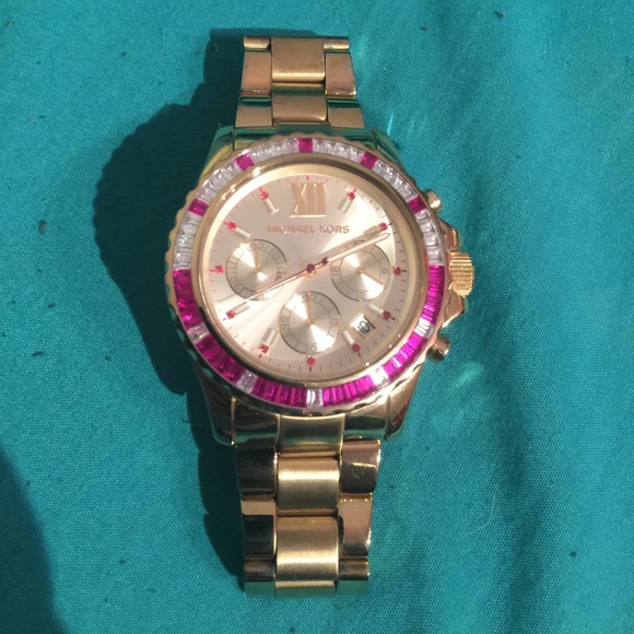 Michael Kors Watch w/ Red & Clear Baguettes Gems!