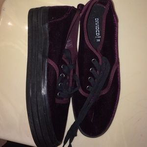 purple velvet platforms