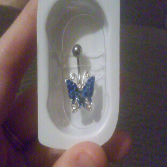 Blue & white butterfly belly button ring