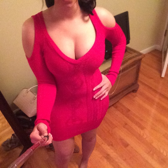 Red cold shoulder sweater dress