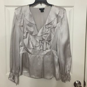 Like new Bob Mackie silver silk ruffle blouse