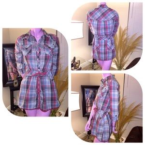 Cute plaid multicolor drawstring button down shirt