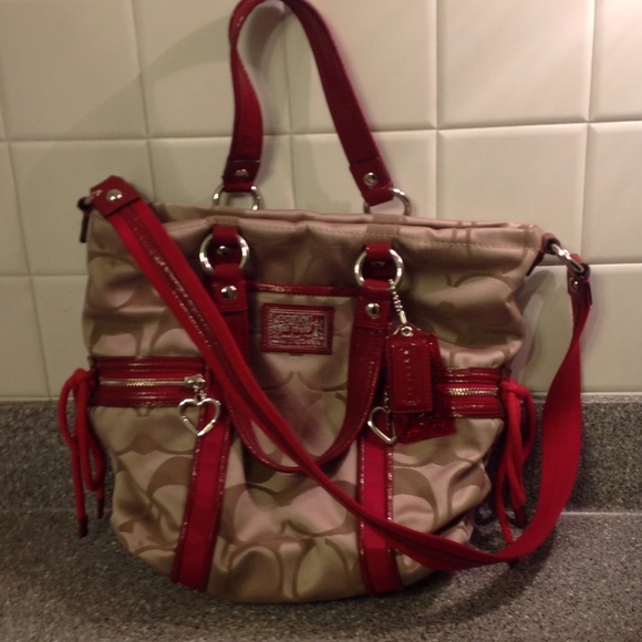 Coach khaki/red handbag with heart zipper pulls