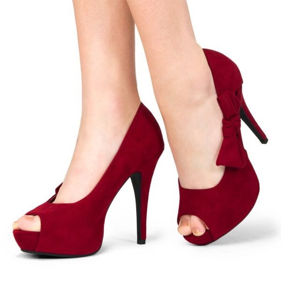 Red open toe pumps by JustFab