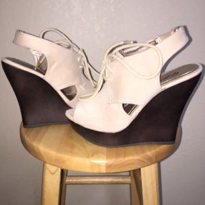 Beige lace up sling back wedges