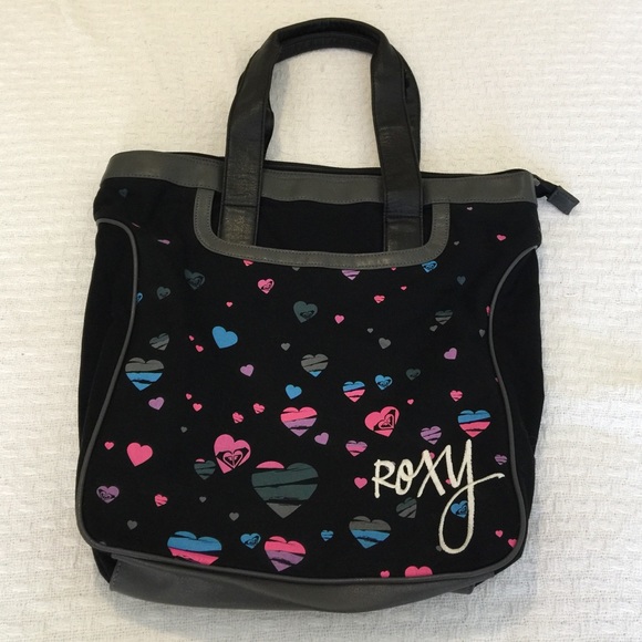 Black/grey zip close Roxy tote bag w/ hearts.