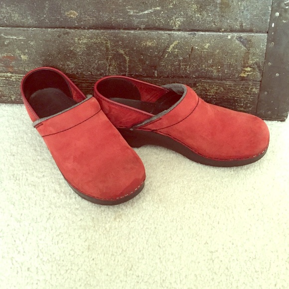 Red suede dansko clogs