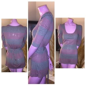 Purple & Heather Gray Striped 3/4 sleeve Tie Top