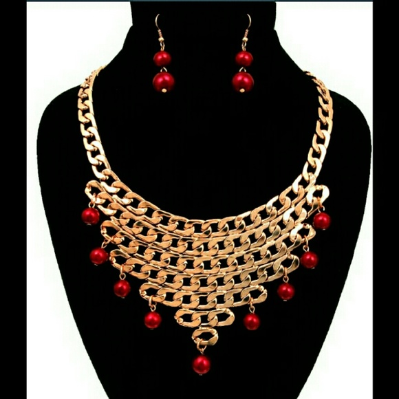 Rose Gold Red Pearl Drape Bib Set
