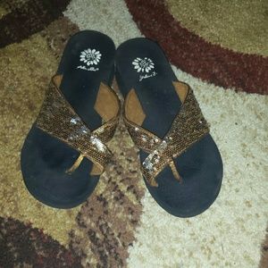Brown sequin wedge flip flops