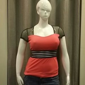 Black/Coral plus size top with elastic waistline.