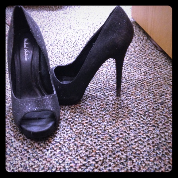 Black sparkly peep toe heels