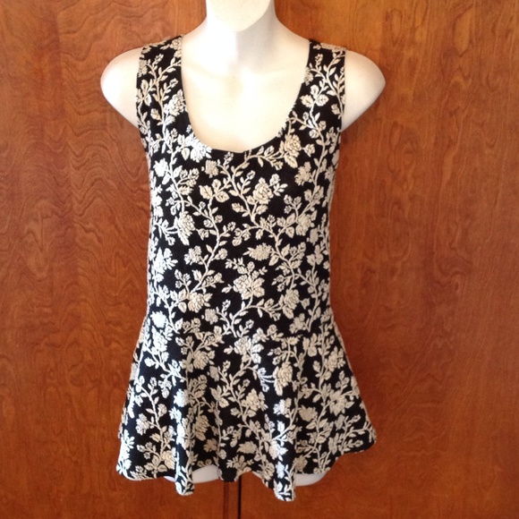 Black White Floral Peplum with Heart Back