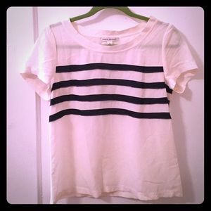 Sheer White Silk Blouse with Navy Stripes
