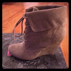 Khaki Suede Wedge Ankle Bootie