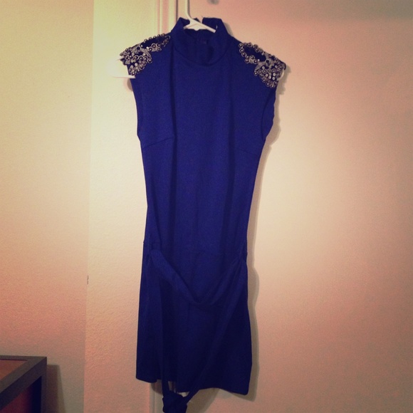 Blue cocktail dress with black shoulder accents