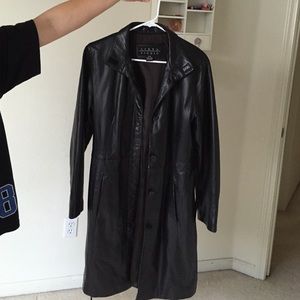 Leather trench coat.