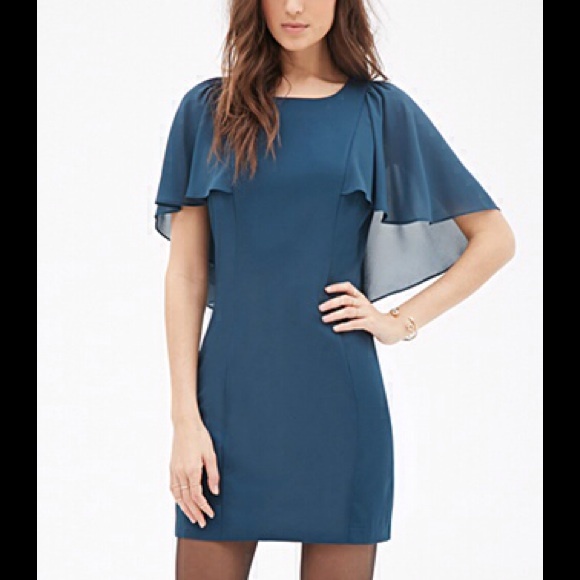 Forever 21 Dresses & Skirts - Teal butterfly chiffon sheer sleeve sheath dress