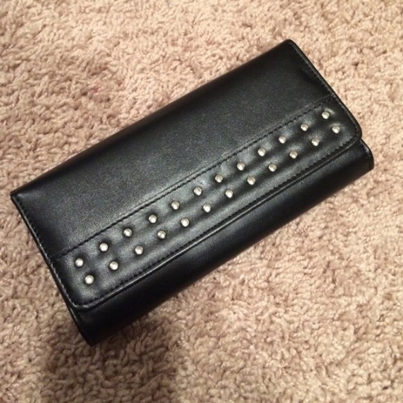 Studded faux black leather wallet