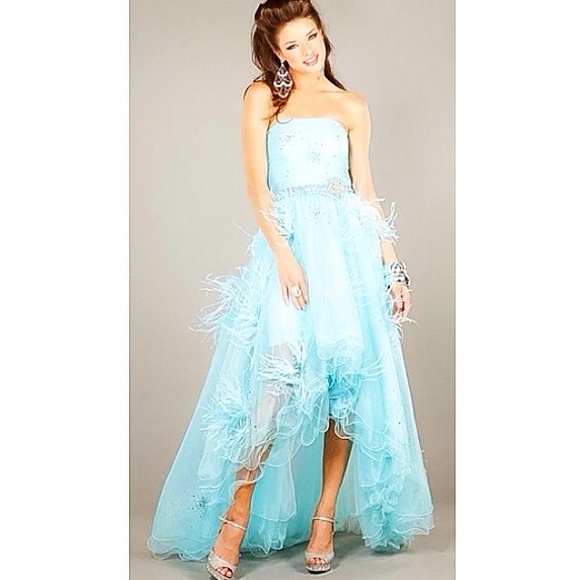 JOVANI feathered aqua prom dress