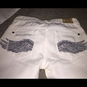 Armani Exchange white jeans w/ Silver angel wings