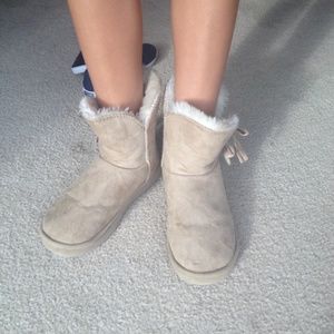 Fur trim warm boots with bow