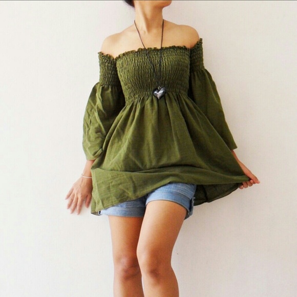 Army green tube top with sleeves.