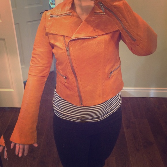 BCBG leather jacket.  Orange. Size S