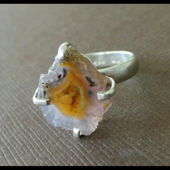 Mini Split Geode Druzy Sterling Solitare Ring - Picture 1 of 4