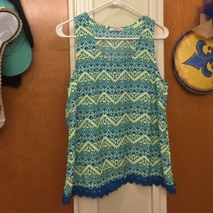 Neon and royal blue tank top with crochet bottom